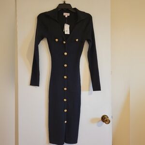 Chic Long Sleeve Black Dress with Gold Buttons